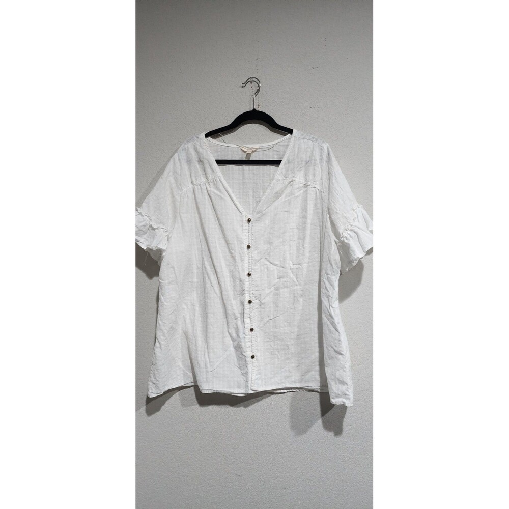 Terra & Sky Top Women's 2X V-Neck Shirred WHITE Short Sleeve Blouse In EUC